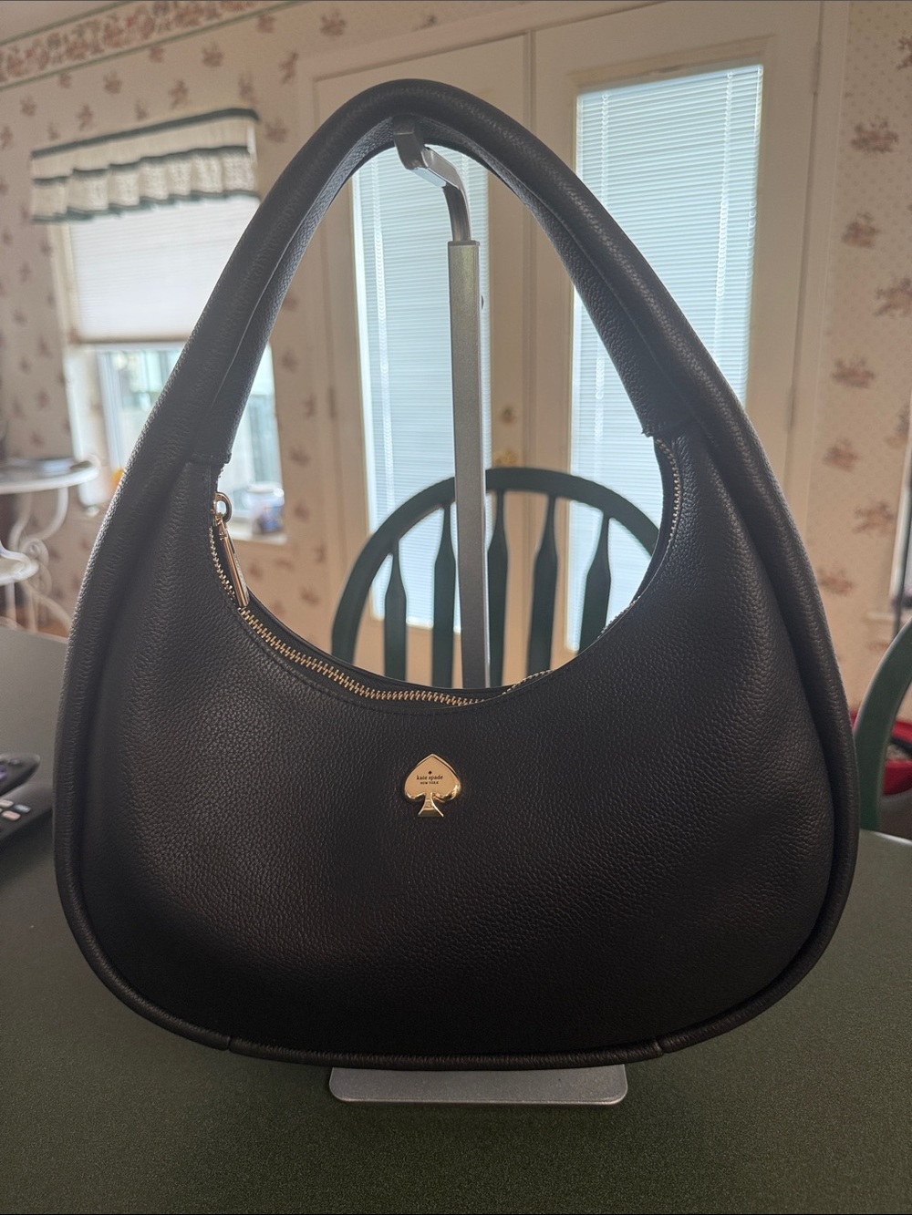 kate spade Black Pebbled Leather Crescent Hobo Shoulder Bag with Gold Spade